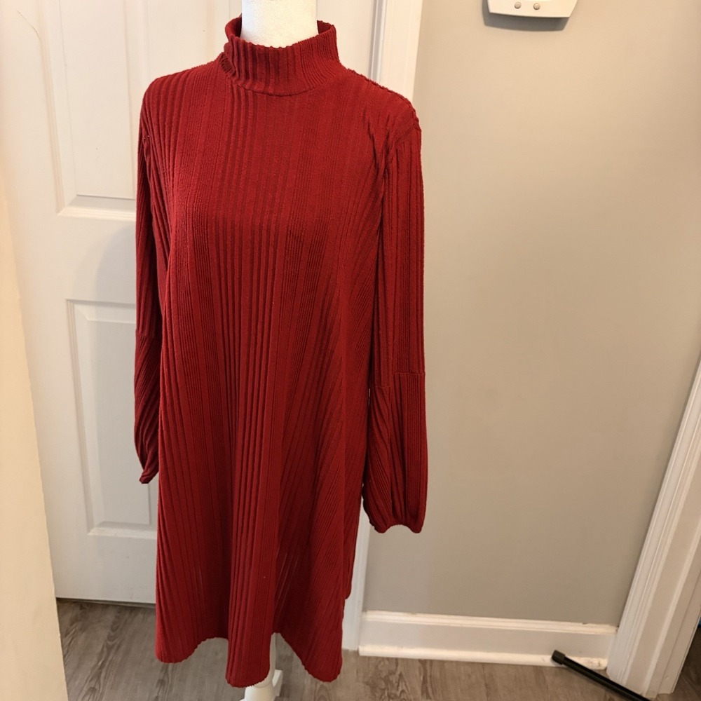 EST. 1946 Cato Dark Red Pleated Plissé High Neck Shift Dress XL Fall Fashion NWT